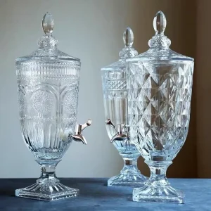 Drink Dispensers Glass Jar Clear Vintage Crystal Glass Beverage Dispenser with Spigot Wide Mouth Beverage Server for Bar Home