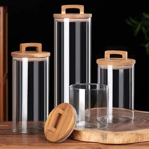 Durable Borosilicate Glass Round Jar Wooden Handle Airtight Lid Portable for Coffee Food Safe Kitchen Storage Container