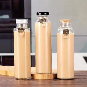 Eco-Friendly Clear Glass Bottles with Screw Cap and Screen Printing, Round Shape, for Juice, Water, and Milky Tea