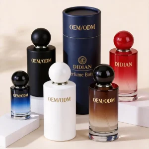 Eco Friendly Recyclable Cylinder Shape 30ml 50ml 100ml Empty Glass Perfume Bottle with Custom Paper Box Set for Cosmetic Use