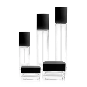 Eco-Friendly Square Clear Frosted Glass Bottle and Jar Set with Black Caps