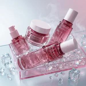 Eco Luxury Custom Molded Pink Glass Cosmetic Jar & Liquid Foundation Pump Bottle Set for Skin Care Serum & Face Cream