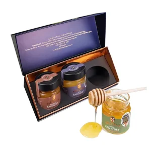 Eco friendly Custom Printing Navy Blue Rigid Cardboard Glass Bottle Set Packaging Magnetic Flap Honey Jar Gift Box
