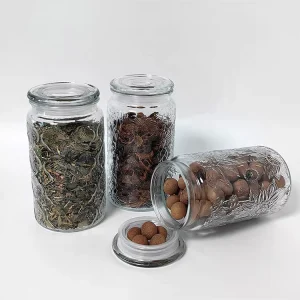 Eco friendly Embossed Glass Canister Luxury Begonia Pattern Glass Storage Jar with Glass Lid for Tea & Kitchen Use