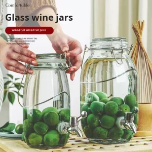 Elegant Large Glass Jar with Faucet Handle Green Plum Wine Glass Container for Kitchen Food Storage and Storage