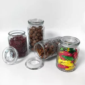 Embossed Begonia Pattern Wide-Mouth Glass Cookie Jar with Airtight Glass Lid for Kitchen Pantry