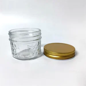 Embossed Diamond Glass Mason Jar with Screw Metal Lid for Caviar, Hot Sauce and Jam