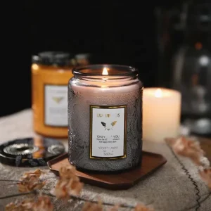 Embossed Glass Candle Container with Lid for Soy Wax and Candle Making