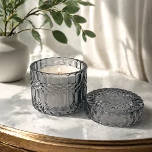 Embossed Glass Candle Jar with Lid Vintage Votive Holder