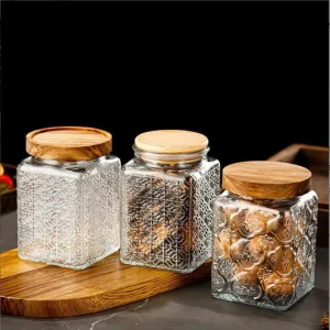 Embossed Glass Storage Jar with Wooden Lid for Coffee Beans and Food