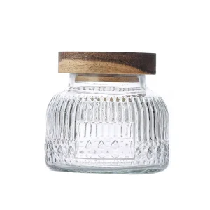 Embossed Glass Storage Jars 260ml 350ml 750ml Bamboo Acacia Floral Cover for Dry Fruit Kitchen Storage Bottles Jars