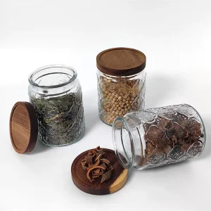 Embossed Honey Glass Jars Wide Mouth with Acacia Lid for Candy Sugar Coffee Salt Tea Cereal