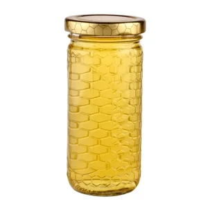 Embossed Honeycomb Glass Storage Jar with Silver Metal Screw Lid