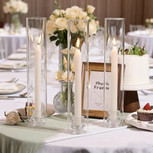 Embossed Long-Stem Transparent Glass Cylinder Candle Holder, Windproof, Tabletop