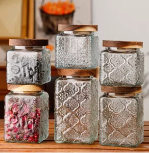 Embossed Pattern Square Glass Food Storage Jars with Bamboo Wood Lids 16oz 32oz