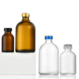 Empty 100ML 50ML 30ML Transparent Amber Injection Glass Vial with Plastic Aluminium Cap 1oz Clear Medicine Glass Containers