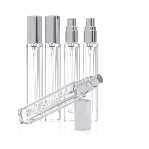 Empty 10ml Square Clear Glass Spray Bottle, Refillable Perfume Dispenser with Silver Lid and Travel Box