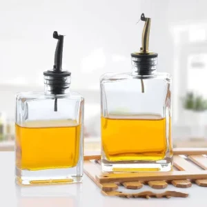 Empty 180ml 280ml Clear Square Glass Olive Oil Bottle with Stainless Steel Pouring Nozzle