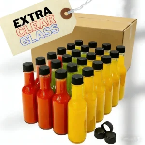 Empty 3oz 5oz 8oz Glass Woozy Bottles for Hot Sauce With Black or Red Screw Cap, Plastic Dripper Inserts and Shrink Bands
