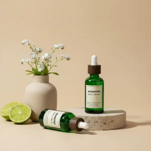 Empty 50ml Green Glass Dropper Bottle for Oil Serum Essential Oil Aromatherapy with Wood Grain Child Resistant Cap