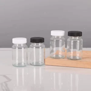 Empty 60cc 75cc 100cc Wide Mouth Clear Glass Pill Supplement Vitamin Jar with Plastic Screw Lid