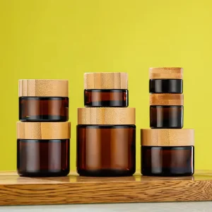 Empty Amber Brown Cosmetic Glass Cream Lotion Jar 5g 10g 15g 20g 30g 50g 60g 100g with Bamboo Cap