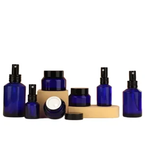 Empty Blue Oblique-Shoulder Glass Cosmetic Bottles 30ml Dropper Bottle and 60ml Emulsion Bottle