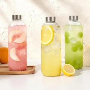 Empty Clear 1000ml Round Glass Bottle with Lid for Mineral Water, Juice, Milk and Smoothies