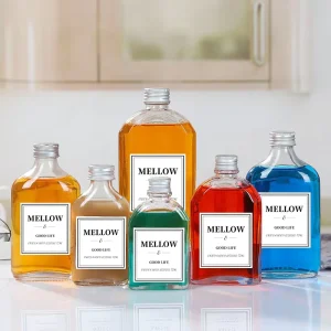 Empty Clear Flat Glass Bottles 200ml 250ml 350ml for Wine Juice and Enzyme with Screw Cap