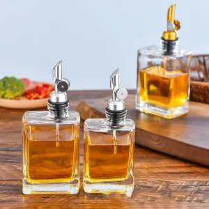 Empty Clear Flat Square Cooking Oil and Olive Oil Glass Bottle with Stainless Steel Nozzles