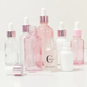 Empty Clear Pink Glass Body Shimmer Oil Bottle with Pink Rose Gold Dropper Pipette