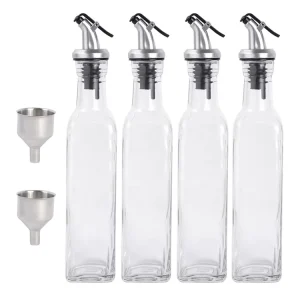 Empty Clear Square 8oz Olive Oil Sprayer Glass Bottle for Soy Sauce Vinegar with Nozzle Cap and Stainless Steel Funnel 250ml