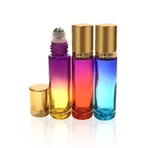 Empty Cosmetic Gradient Color 10ml Perfume Essential Oil Roll On Bottles Screen Printing Glass Body Stainless Steel Cap Custom