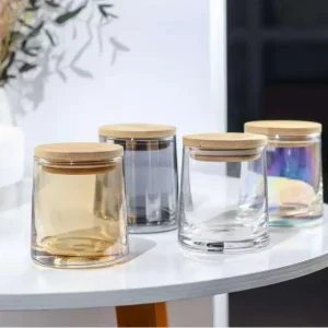 Empty Decorative Clear Iridescent Glass Candle Jar with Bamboo Lid