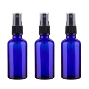 Empty Glass Blue Essential Oil Spray Bottles 30ml 50ml 100ml Silk Screen Printed & Hot Stamped For Personal Care
