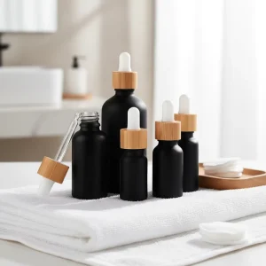 Empty Glass Cosmetic Serum Dropper Bottle 20ml 30ml Eco Friendly Matte Black Essential Oil Bottles with Bamboo Dropper