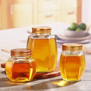 Empty Hexagonal Transparent 380ml 730ml Glass Honey Bottles Jar Dispenser Bottle Honey Storage Jar with Metal Lid