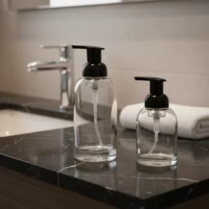 Empty Refillable 8oz 12oz Clear Round Glass Foaming Soap Bottle with Plastic Pump Hand Soap Dispenser Container