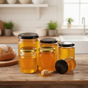 Empty Round Clear Glass Honey Bottles With Black Lid for Jam Jelly Kitchen Storage