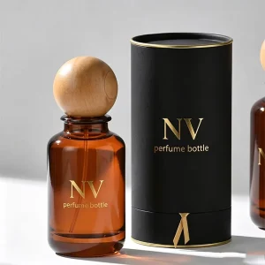 Empty Round Glass Perfume Bottle with Box 30ml 50ml 100ml and Wooden Ball Cap