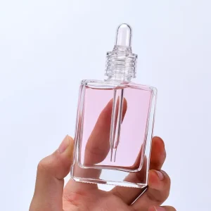 Empty Skincare Serum Body Oil 1oz 30ml 50ml 100ml Clear Flat Square Glass Essential Oil Dropper Bottles with Crystal Dropper Lid