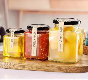 Empty square Honey Food Jar Glass Jar With Metal Lid for Sauce Chili Spices Beans