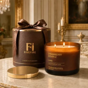 FIVEFIRE Private Label Luxurious Brown Concrete Glass Jar 3 Wick 100% Organic Soy Wax Scented Candle Metal Lids Gift