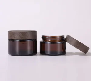 Face Cream Jar Cosmetic Container 1oz 2oz 5g 10g 15g 20g 30g 50g Matte Clear Amber Glass Jar with Black Wood Grain Lid