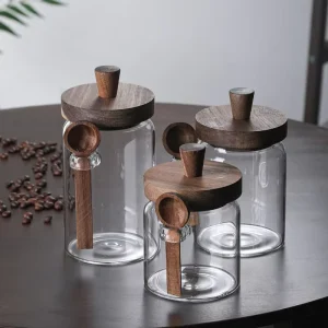 Factory 500ml 600ml 800ml High Borosilicate Glass Jars with Rosewood Lids and Spoons