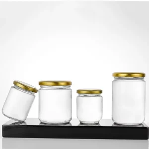 Factory 53ml 85ml 110ml 175ml 240ml 372ml 555ml 747ml Round Clear Glass Jam Jars with Gold Metal Lids