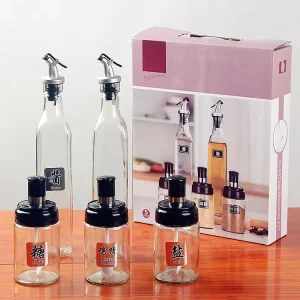 Factory 5pcs sealed clear custom Glass Seasoning Bottle Set Oil Vinegar Jar Bottle Kitchen Storage Accessories