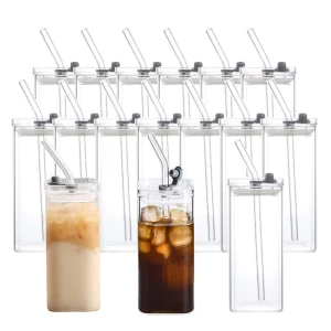 Factory Customizable High Borosilicate Clear Square Glass Drinking Cup Straw Lid 380ml Leak Proof BPA Free