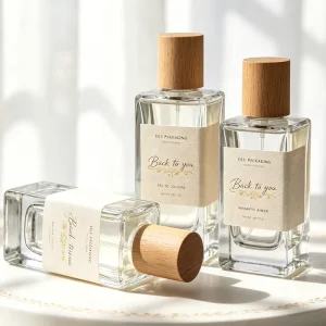 Factory Direct 50ml Classic Clear Glass Perfume Bottle, Crimp-Sealed Wooden Lid, Glass Atomizer