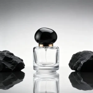 Factory Direct 50ml Square Glass Perfume Bottle with Pump Sprayer, Black Oval Cap, Gold Ring, Refillable, Silk Screen Printed